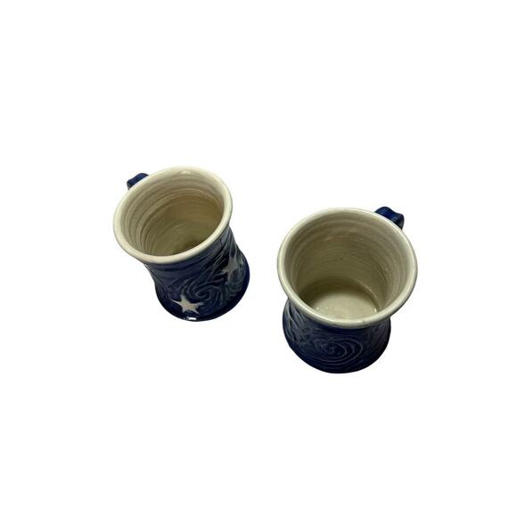 Handmade Art Ceramic Pottery Pair Of Sun And Moon Mugs Blue And White 2 Cups - Picture 11 of 13